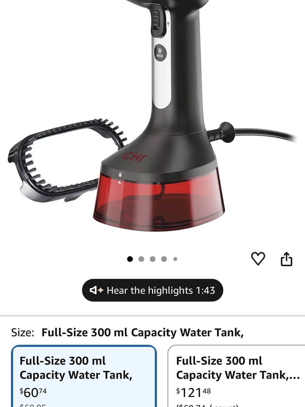 CHI Handheld Garment Steamer in Black with Red Water Tank
